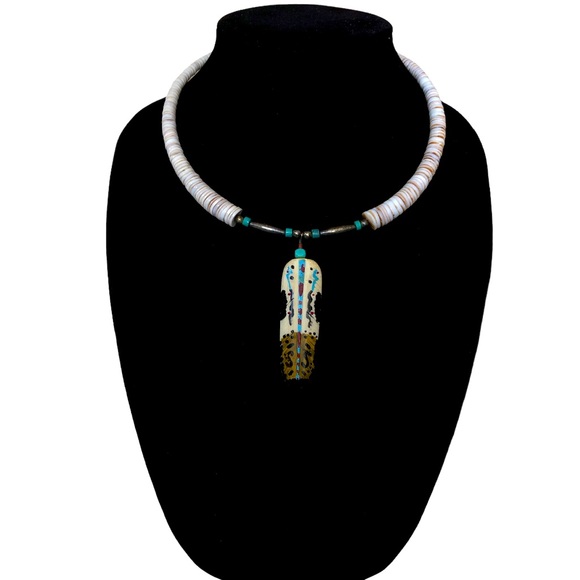 Jewelry - Vintage Native American Silver & Turquoise Choker With Hand Painted Pendant